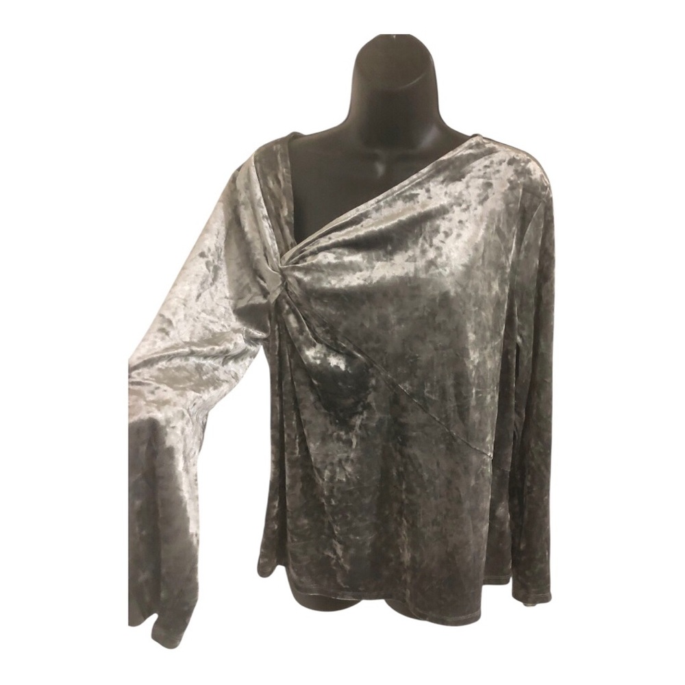 Calvin Klein women's silver gray velvet knotted asymmetric neckline blouse Large